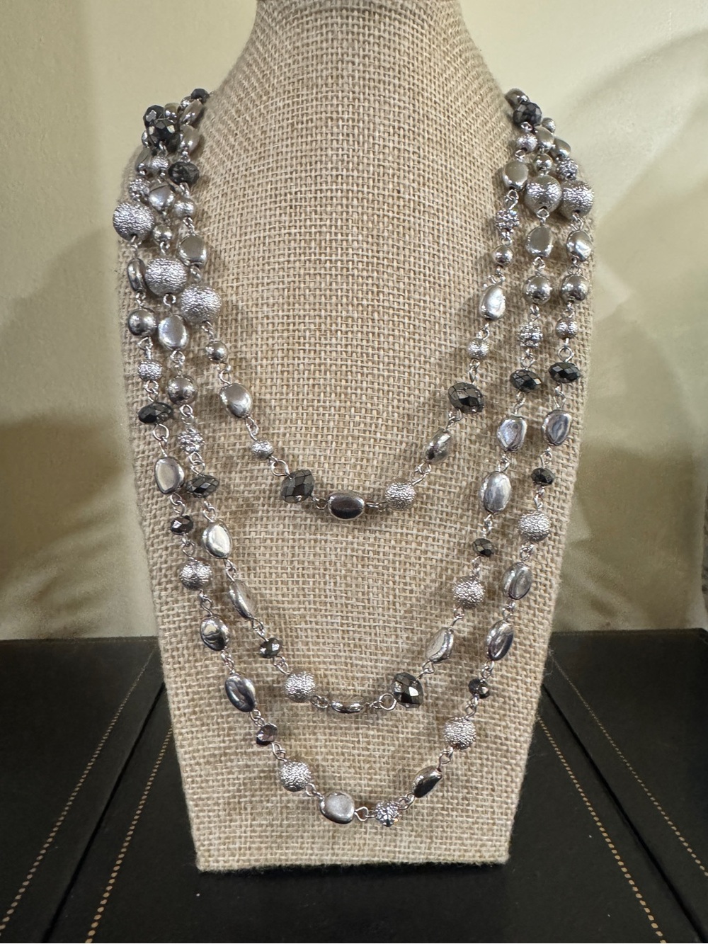 Layered Beaded Statement Necklace Silver & Black